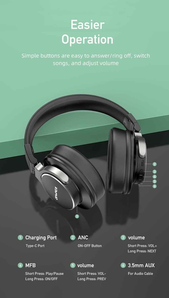 Awei A710BL Wireless Bluetooth Gaming Headphones ANC Bluetooth 5.0 Music Headset Over the Ear Type c ports Headphone With Mic Foldable Design HD call HIFI Bass Stereo Sound Wireless Headsets 