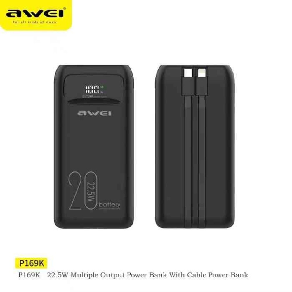 Awei P169K 20000mAh Power Bank 22.5W Dual Input Dual Output with Built-in Cable