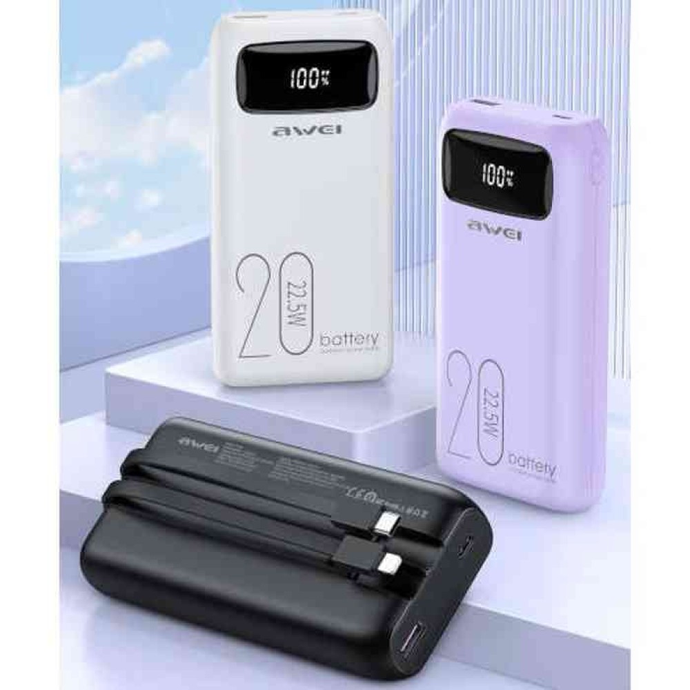 Awei P169K 20000mAh Power Bank 22.5W Dual Input Dual Output with Built-in Cable