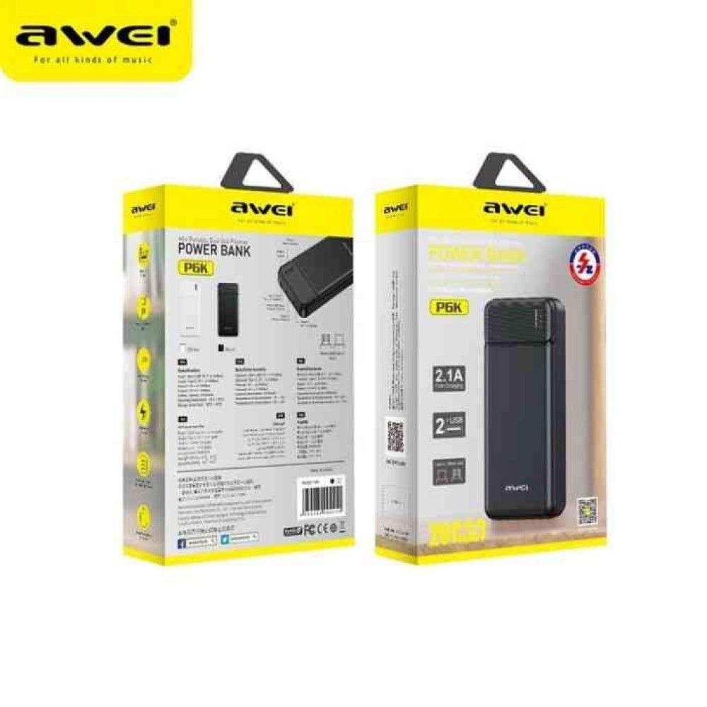 Awei P6K 20000mAh Dual USB Port Fast Charging Power Bank