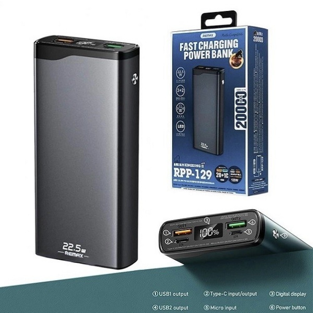 Remax RPP-129 20000mAh 22.5W PD+QC Multiple In & Out Fast Charging Power Bank With Display